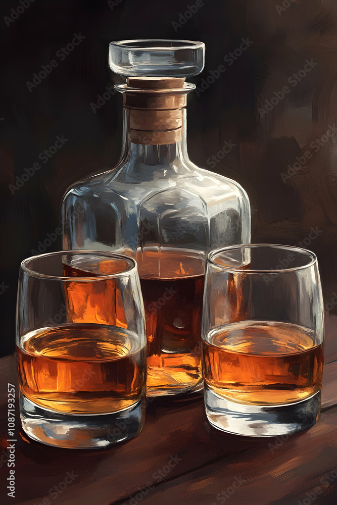 Decanter and two glasses of amber liquid on a wooden table. Decanter and two glasses of amber liquid on a wooden table.
