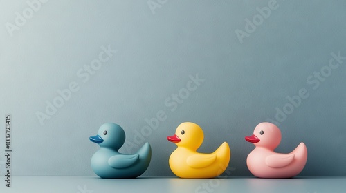   A trio of rubber ducks rests atop a white table, adjacent to a blue wall
