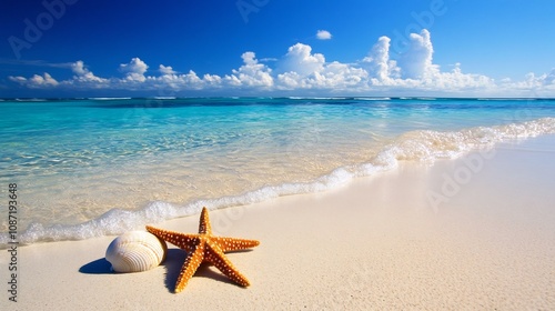 Peaceful Tropical Beach with Starfish and Seashells,Idyllic Vacation Scenery
