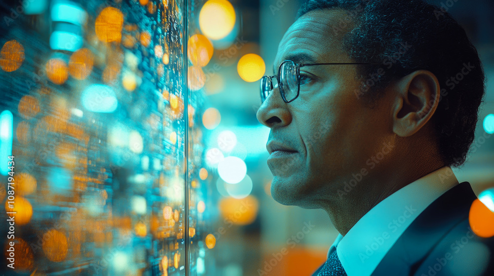 A focused professional in formal attire examines glowing digital data projections on a screen in a contemporary office during evening hours A focused professional in formal attire examines glowing digital data projections on a screen in a contemporary office during evening hours