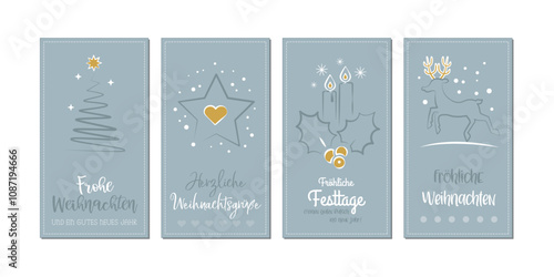 Weihnachtsgrußkarten-Set - deutscher Text - Weihnachtliche Motive auf silbernem Hintergrund