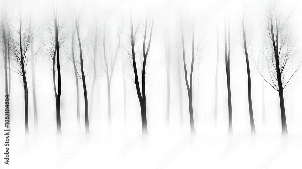 Obraz premium A monochrome photograph captures a row of trees against a hazy backdrop, framed by a clear blue sky above