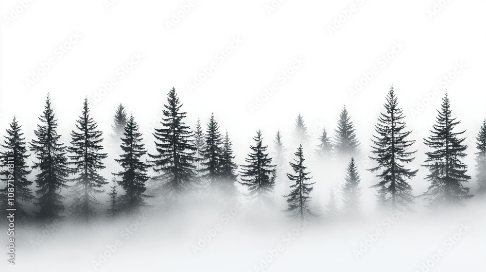 A monochromatic image of a hazy woodland with coniferous trees in the foreground and the sky as the backdrop A monochromatic image of a hazy woodland with coniferous trees in the foreground and the sky as the backdrop