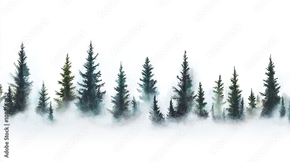 Obraz premium A painting of a tree line in a foggy forest with a white sky background