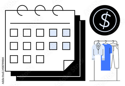 Calendar with grid, dollar icon, clothing rack holding shirts and dresses. Ideal for fashion scheduling, wardrobe planning, budget management, retail promotions, merchandising strategies