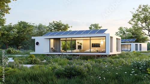 Sleek modern solar powered eco home nestled amidst a vibrant verdant landscape conveying the harmony of sustainable living in the face of climate change