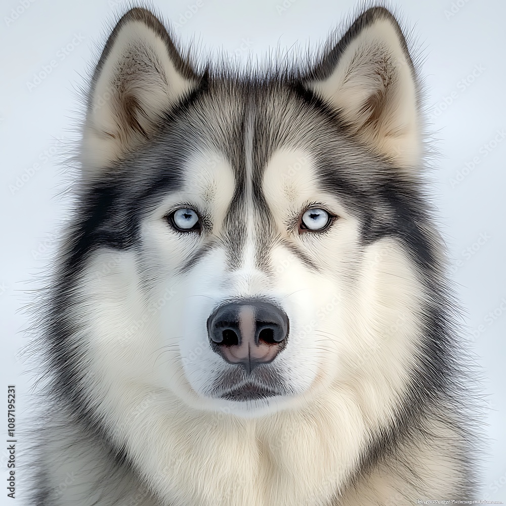 Obraz premium A close up portrait of a Malamute showcases the breed's strikingly wolf like features, with a thick double coat, erect ears, and soulful eyes that exude intelligence and loyalty