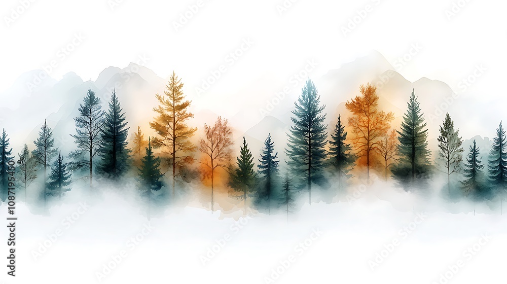 Obraz premium This watercolour seamless surface pattern tile features a modern, delicate design of misty, foggy eco line of pine, spruce, and fir trees in a forest pattern on a white isolated background