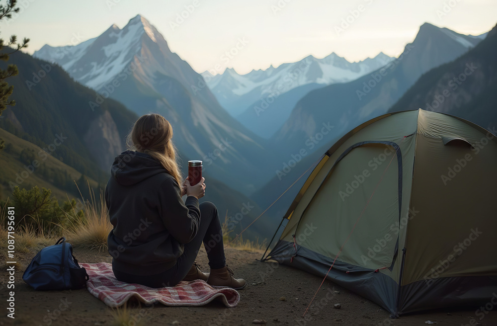 Woman hiking tourist in mountains. Active vacation in nature. AI Generative Woman hiking tourist in mountains. Active vacation in nature. AI Generative