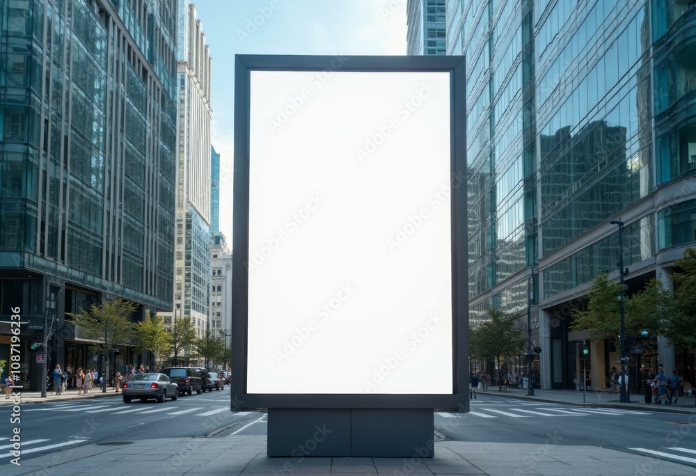 Vacant business district smart billboard reflecting glass towers Vacant business district smart billboard reflecting glass towers
