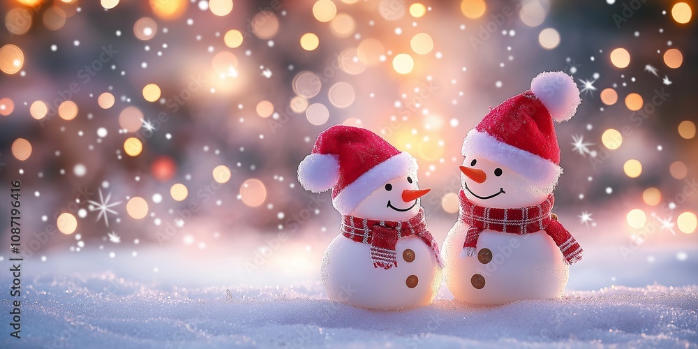 Snowmen with hats smile joyfully, capturing the wintery joy and festive spirit typical of the holiday season. Snowmen with hats smile joyfully, capturing the wintery joy and festive spirit typical of the holiday season.