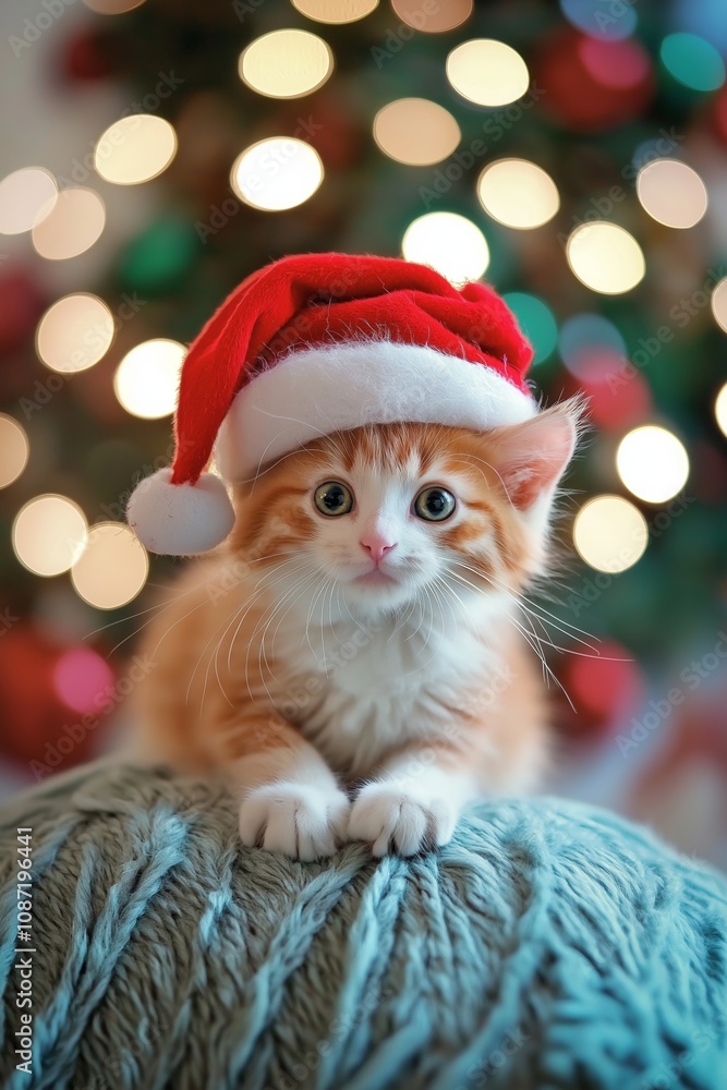 Orange kitten in Santa hat, on a blue pillow, surrounded by twinkling festive lights, creating a warm scene. Orange kitten in Santa hat, on a blue pillow, surrounded by twinkling festive lights, creating a warm scene.