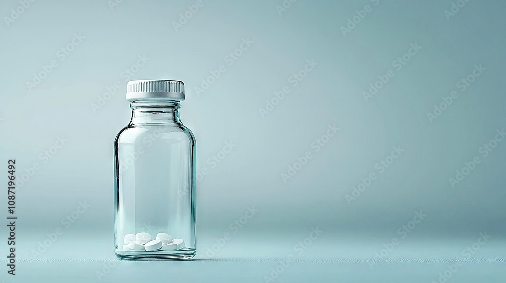 A bottle containing pills rests on a blue table against a light blue backdrop A bottle containing pills rests on a blue table against a light blue backdrop