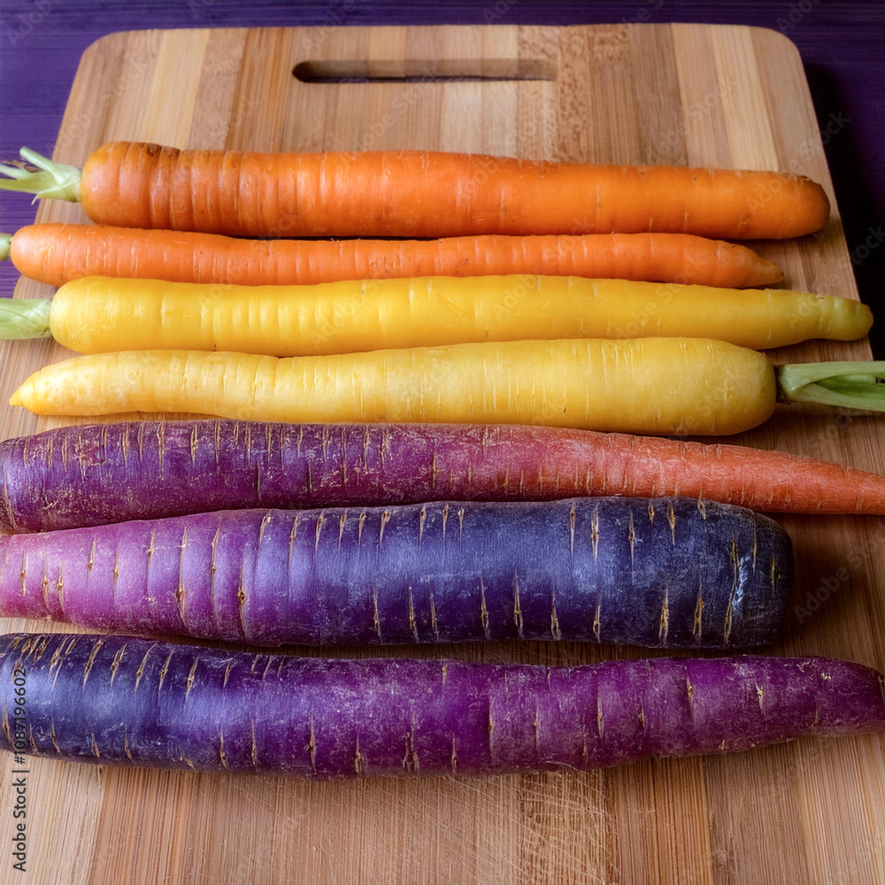 Colorful carrots are arranged lengthwise on a wooden cutting board Colorful carrots are arranged lengthwise on a wooden cutting board