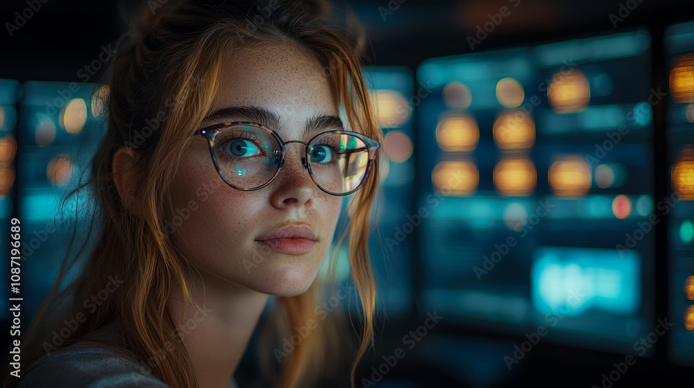 A young woman with glasses intently studies a series of glowing computer screens, illuminated by soft blue light in a dim environment A young woman with glasses intently studies a series of glowing computer screens, illuminated by soft blue light in a dim environment