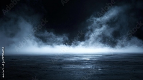 A mysterious and dramatic night eerie landscape with billowing fog, dark sky,