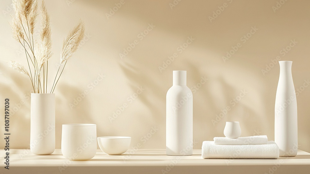 A collection of white vases positioned atop a table alongside a vase with greenery inside A collection of white vases positioned atop a table alongside a vase with greenery inside