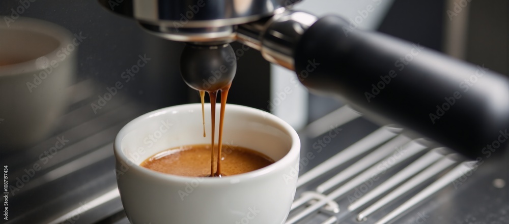 Close-up shot of espresso pouring from a coffee maker showcasing expert brewing process Close-up shot of espresso pouring from a coffee maker showcasing expert brewing process