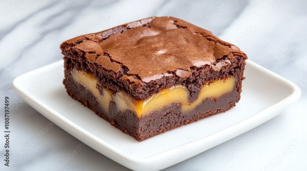 A decadent brownie with a creamy, rich filling, showcasing a perfect balance of chocolate and sweetness, served on a plate. A decadent brownie with a creamy, rich filling, showcasing a perfect balance of chocolate and sweetness, served on a plate.