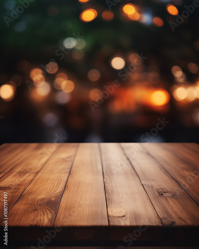 wooden table for displaying products The background is a blurred restaurant scene.