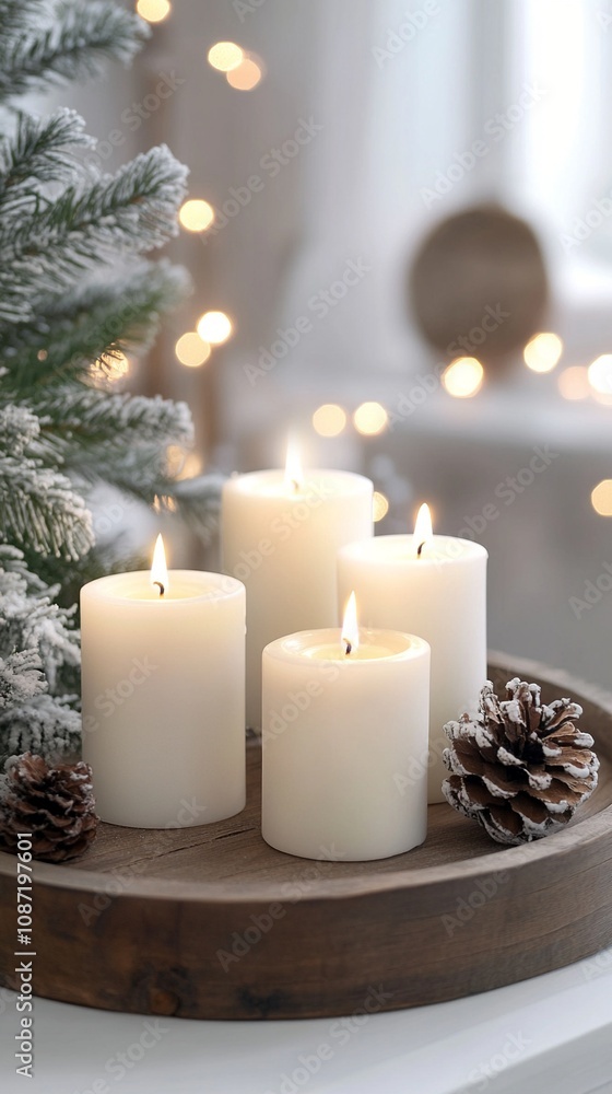 Cozy winter ambiance with glowing white candles on wooden tray, pine cones, and fir branches, set against soft bokeh lights for festive warmth. Cozy winter ambiance with glowing white candles on wooden tray, pine cones, and fir branches, set against soft bokeh lights for festive warmth.
