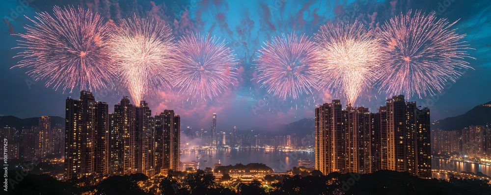 Fototapeta premium Fireworks display over cityscape at night. (2)