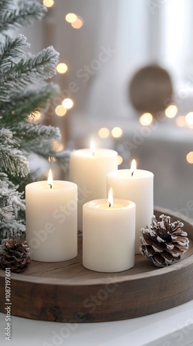 Cozy winter ambiance with glowing white candles on wooden tray, pine cones, and fir branches, set against soft bokeh lights for festive warmth.