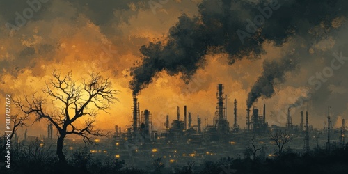 Industrial Cityscape at Sunset with Smoke and Dead Trees