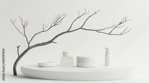 Minimalist white podium display with cosmetic jars and bottles, complemented by a stark, leafless tree branch, creating a serene and artistic composition.