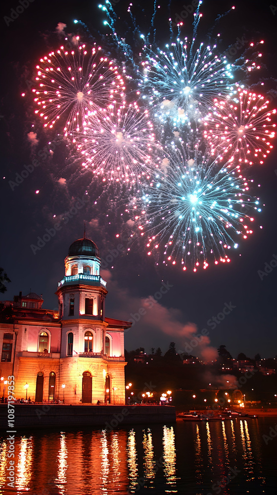 Fototapeta premium Fireworks display over illuminated waterfront building at night.