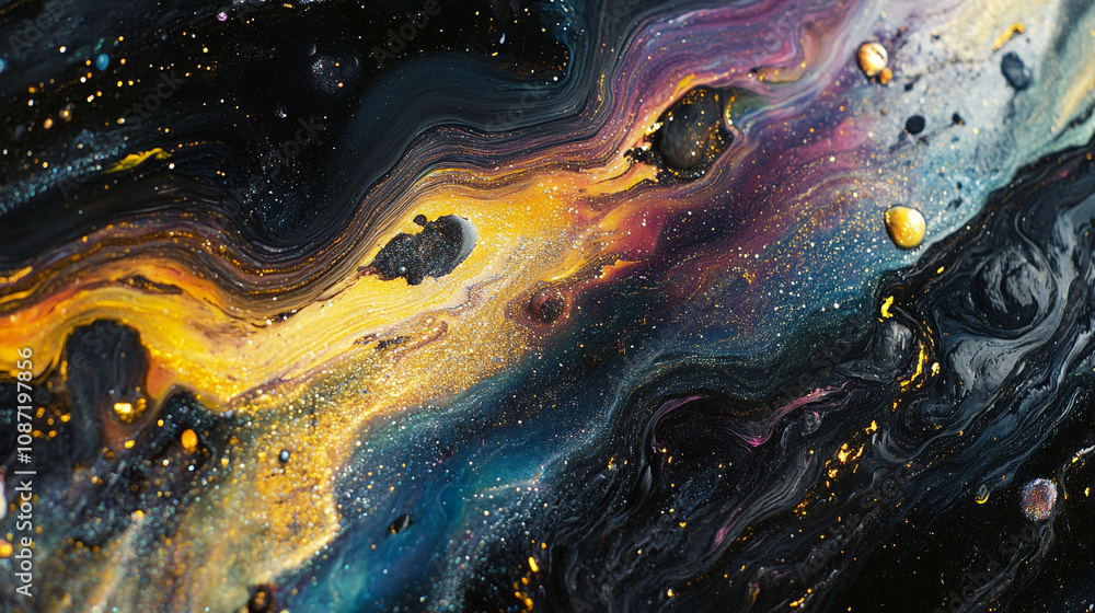 Abstract swirling colors create a cosmic landscape with golden accents and deep blues and purples Abstract swirling colors create a cosmic landscape with golden accents and deep blues and purples