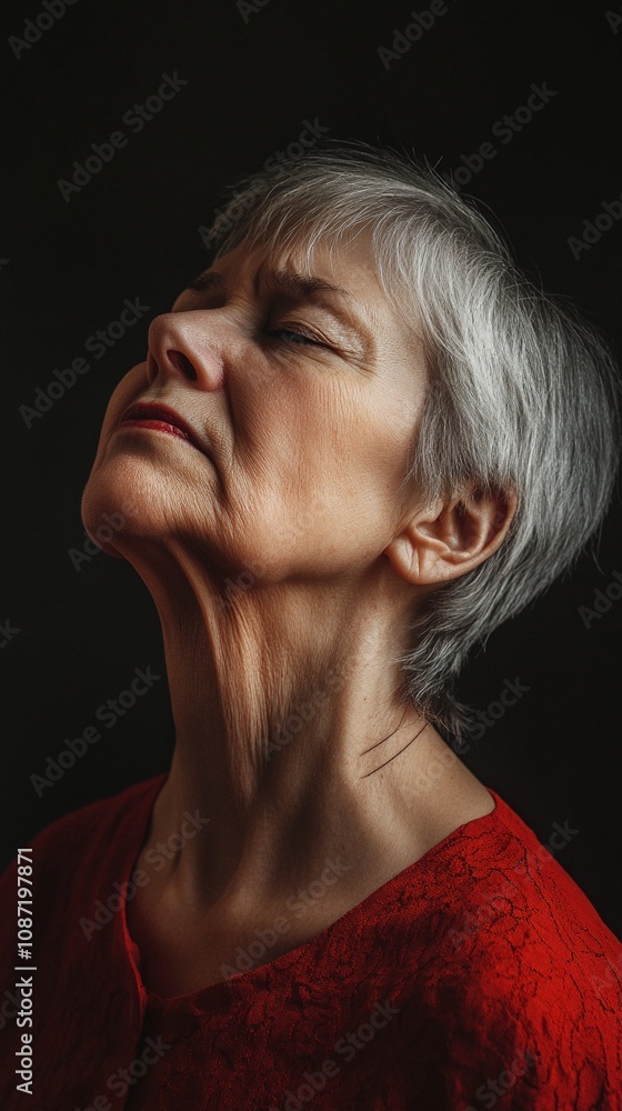 Serene portrait of an elegant senior woman with silver hair, eyes closed, face tilted upward in contemplation against a dark background. Serene portrait of an elegant senior woman with silver hair, eyes closed, face tilted upward in contemplation against a dark background.
