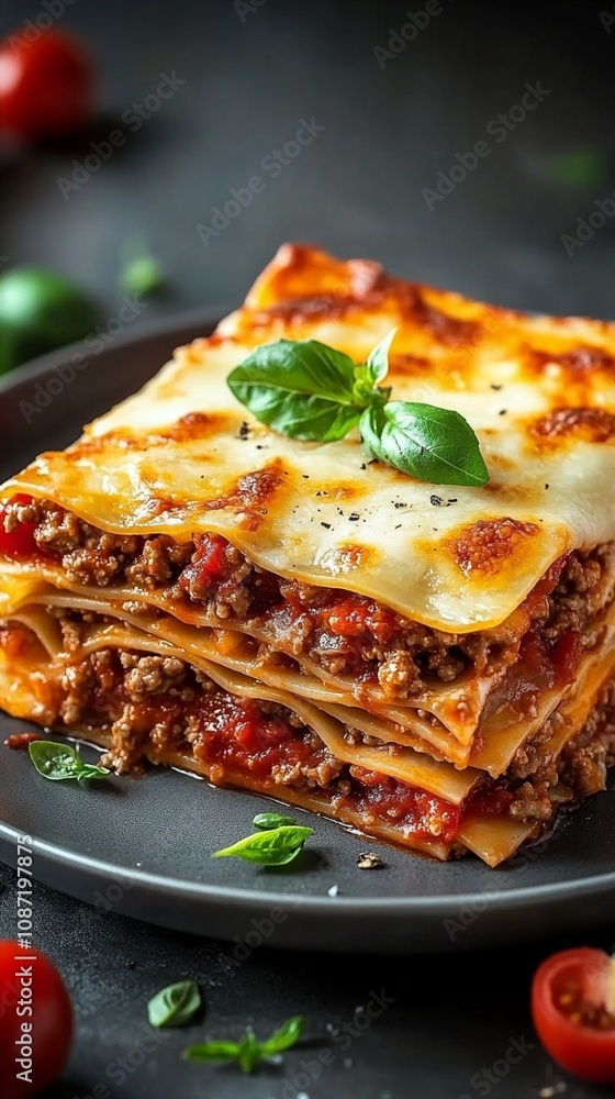 Layers of golden pasta, savory meat sauce, and melted cheese create a mouthwatering lasagna, garnished with fresh basil on a dark plate. Layers of golden pasta, savory meat sauce, and melted cheese create a mouthwatering lasagna, garnished with fresh basil on a dark plate.