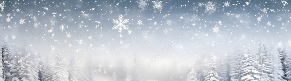 Abstract wihter forest with snowfall and snowflakes in winter. Horizontal composition. Abstract wihter forest with snowfall and snowflakes in winter. Horizontal composition.