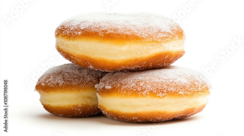 A stack of three sugar-dusted donuts with a soft, creamy filling, showcasing a deliciously tempting dessert treat.