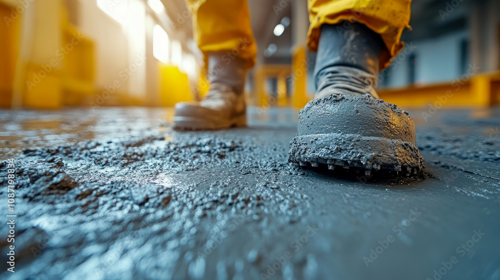 A construction worker stands in rubber boots on freshly poured concrete, highlighting the hard work taking place in an industrial setting A construction worker stands in rubber boots on freshly poured concrete, highlighting the hard work taking place in an industrial setting