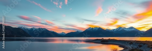 The image captures a stunning sunset over a calm lake