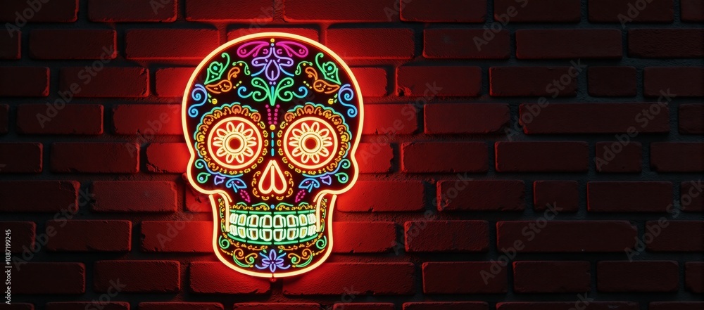 A glowing neon skull adorns a dark brick wall in representation of Mexicos Day of the Dead A glowing neon skull adorns a dark brick wall in representation of Mexicos Day of the Dead