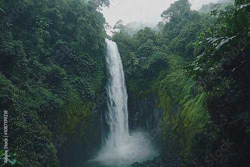 Majestic Waterfall Surrounded by Lush Green Rainforest