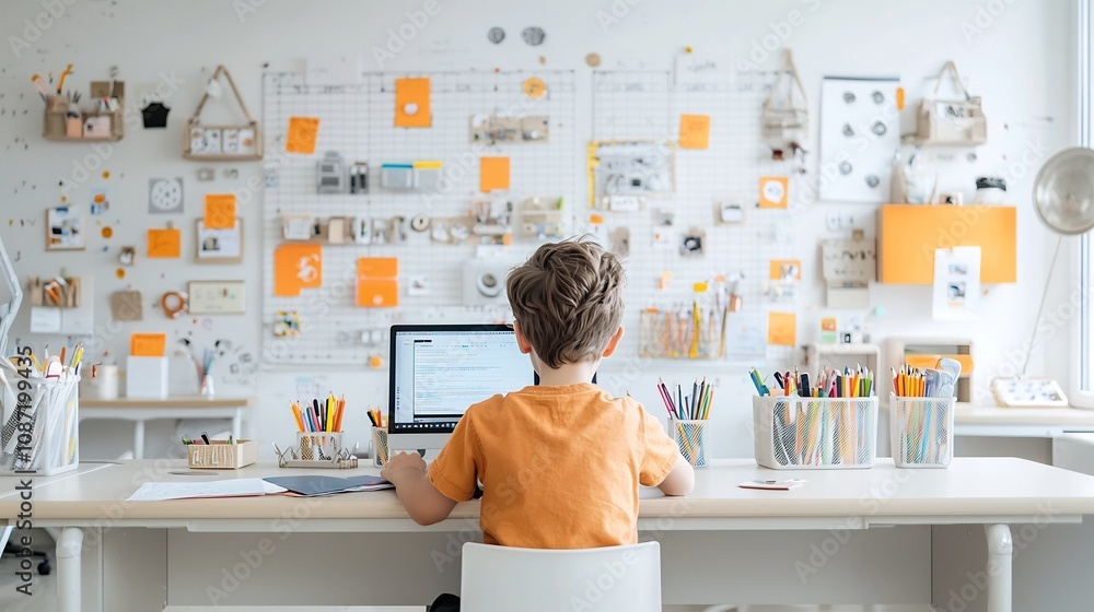 Dedicated Student Engrossed in Digital Education Surrounded by Neatly Arranged School Essentials in a Bright Boho Chic Classroom Setting Dedicated Student Engrossed in Digital Education Surrounded by Neatly Arranged School Essentials in a Bright Boho Chic Classroom Setting
