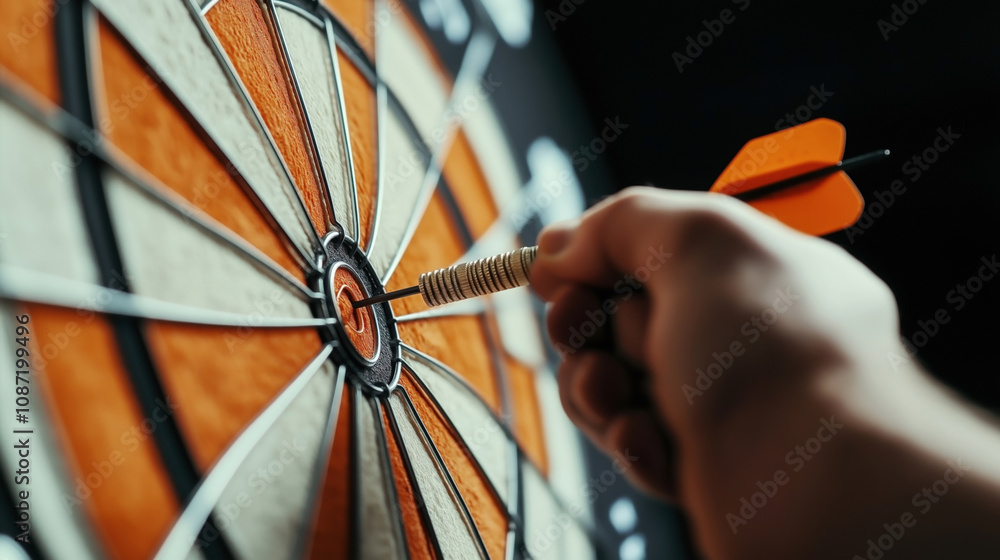 Close-up of a hand holding an orange dart aiming at the bullseye of a dartboard, highlighting precision and focus in a game setting.