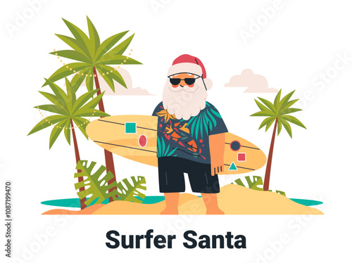 Surfer Santa on beach with surfboard tropical shirt palm trees sandy shore summer holiday theme