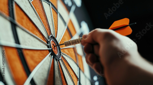 Obraz na płótnie Close-up of a hand holding an orange dart aiming at the bullseye of a dartboard, highlighting precision and focus in a game setting. w salonie