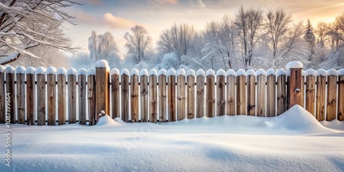 Winter Wonderland A Wooden Fence Covered in Snow, Illuminated by the Warm Glow of Sunrise