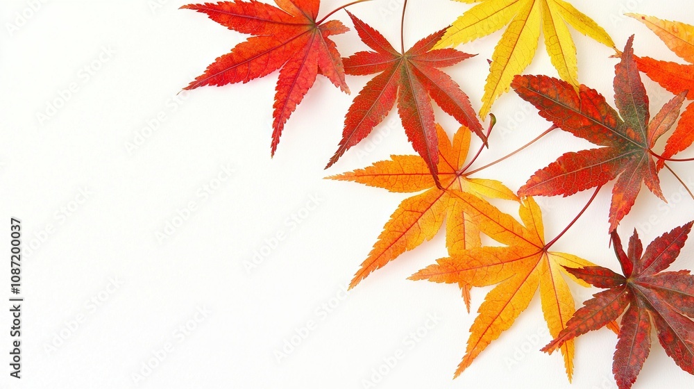 Red, yellow, and green leaves on white background with text space on the left side Red, yellow, and green leaves on white background with text space on the left side