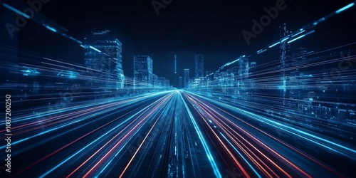 3d abstract fast moving lines. Futuristic cityscape with multi-lane road, colorful lines, illuminated buildings, and