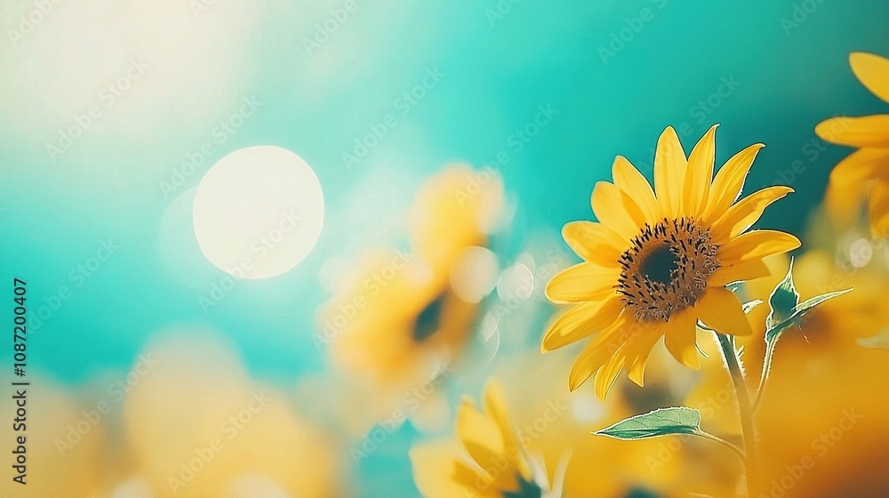 Obraz premium Sunflowers field under a vivid blue sky, bathed in sunlight