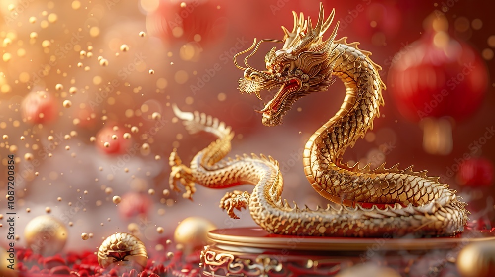 Obraz premium Majestic Golden Dragon: Elegant 3D Scene with Podium for Product Presentation or Chinese New Year Design. This image is perfect for adding a touch of luxury and mystique to your projects