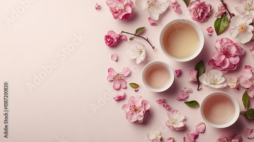  Two cups of tea on a pink background with flowers on either side of the cups