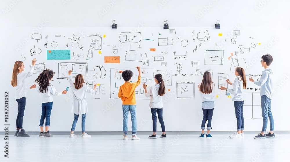 A group of diverse students cooperating on a digital project in a progressive modern classroom setting Bold colors shapes A group of diverse students cooperating on a digital project in a progressive modern classroom setting Bold colors shapes
